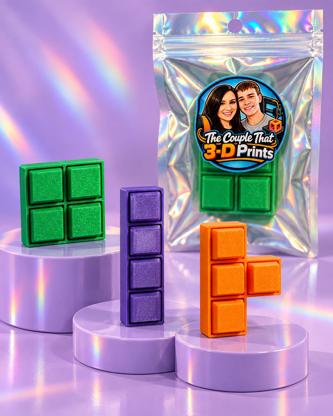 Green purple and orange 3D-printed block fidget toys
