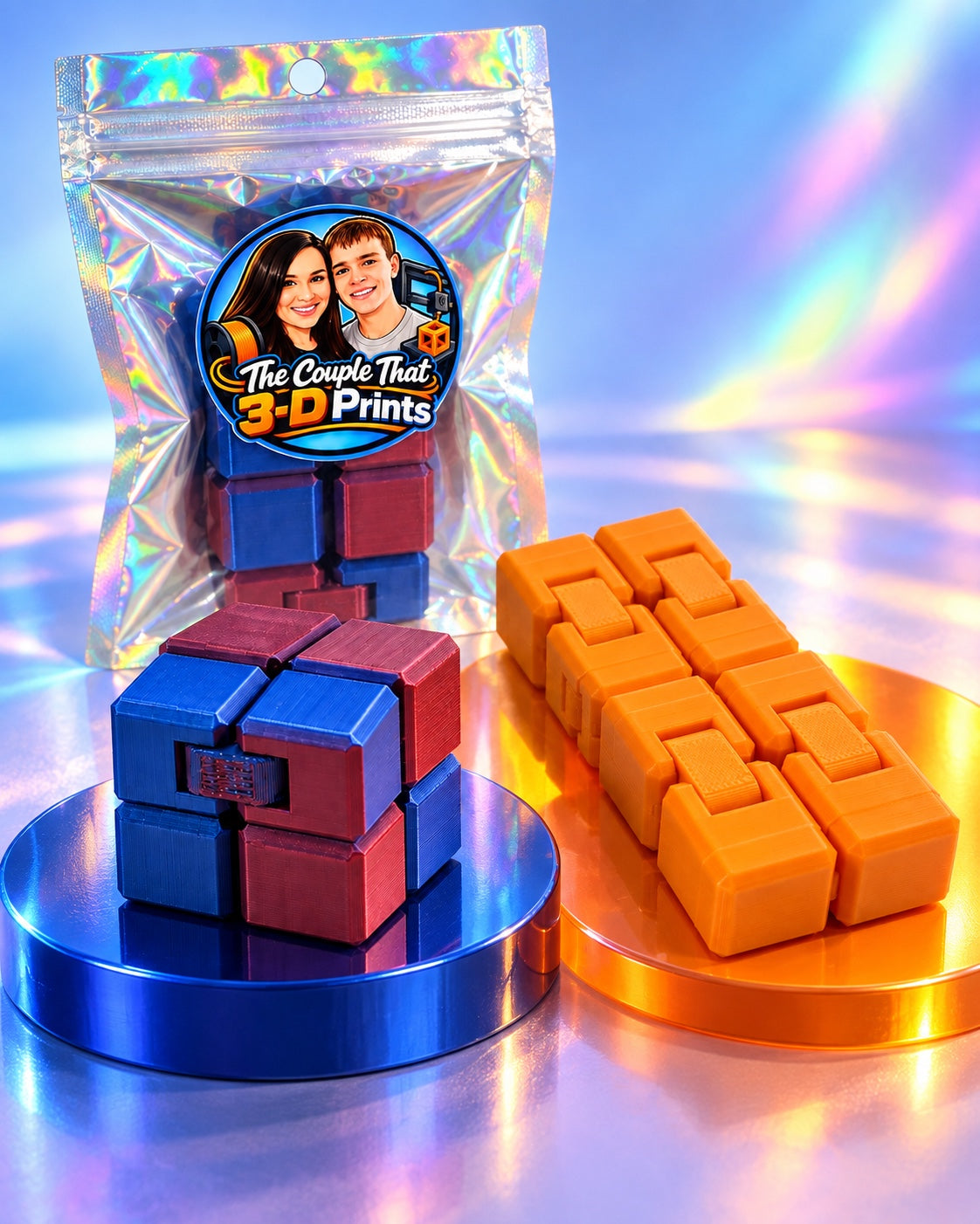 Infinity cube and orange clicker fidgets in branded display