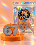 Custom number 67 3D-printed ornament in orange and silver
