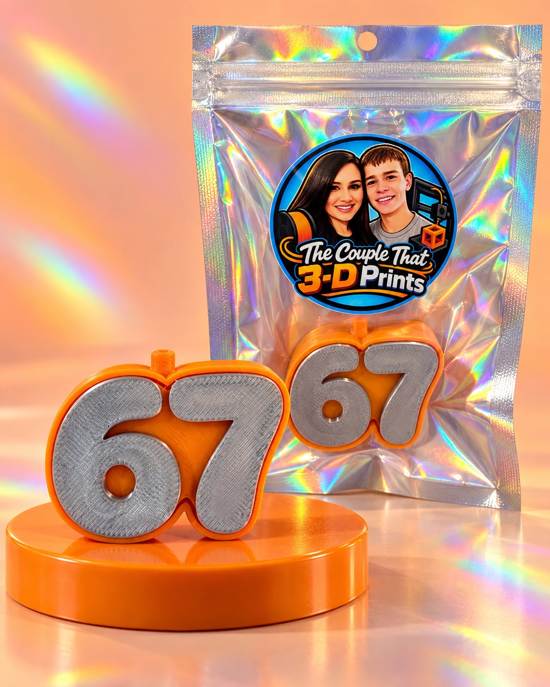 Custom number 67 3D-printed ornament in orange and silver