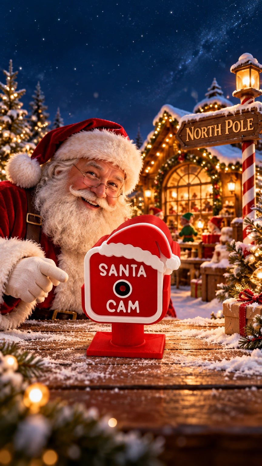Red 3D printed pretend Santa Cam shown in festive scene